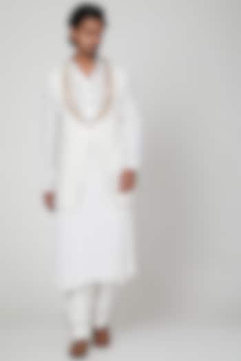 Off White Embroidered Draped Kurta Set by Soniya G Men