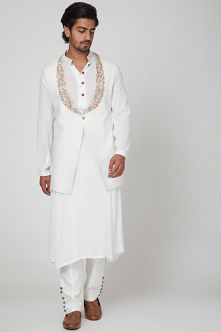 Off White Embroidered Draped Kurta Set by Soniya G Men