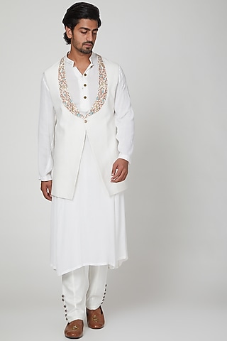 Off White Silk Draped Kurta Set With Embroidered Jacket by Soniya G Men
