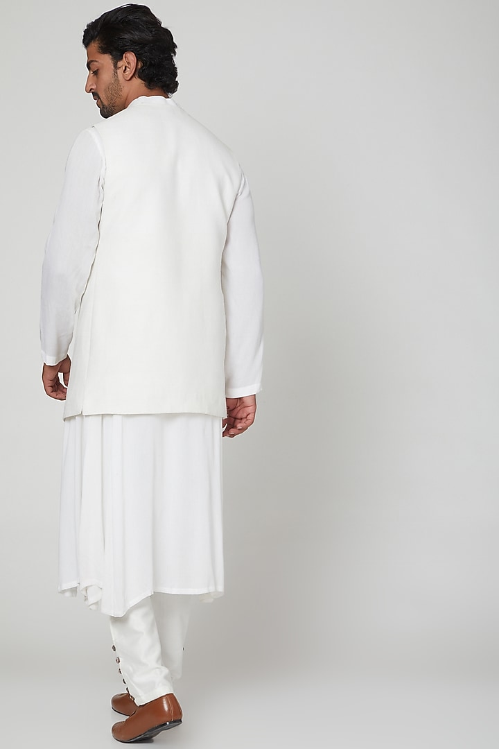 Off White Silk Draped Kurta Set With Embroidered Jacket by Soniya G Men at Pernia's Pop Up Shop