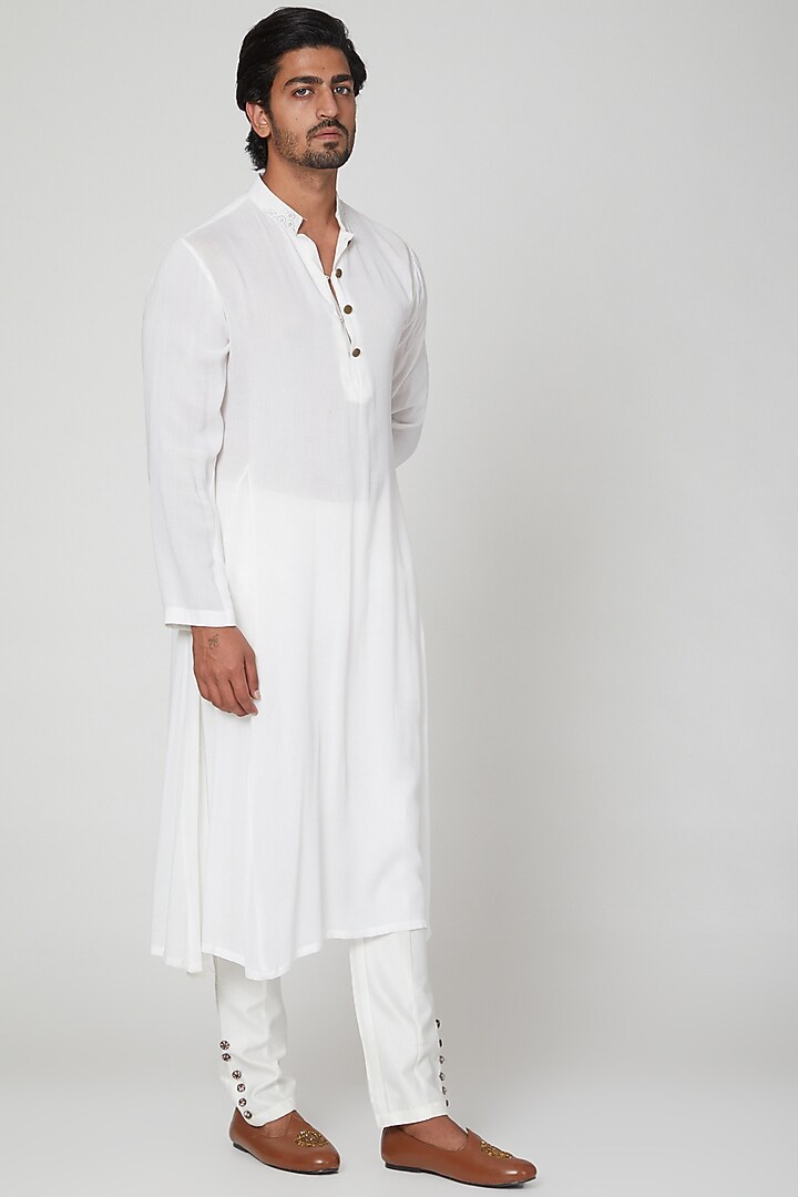 Off White Silk Draped Kurta Set With Embroidered Jacket by Soniya G Men at Pernia's Pop Up Shop