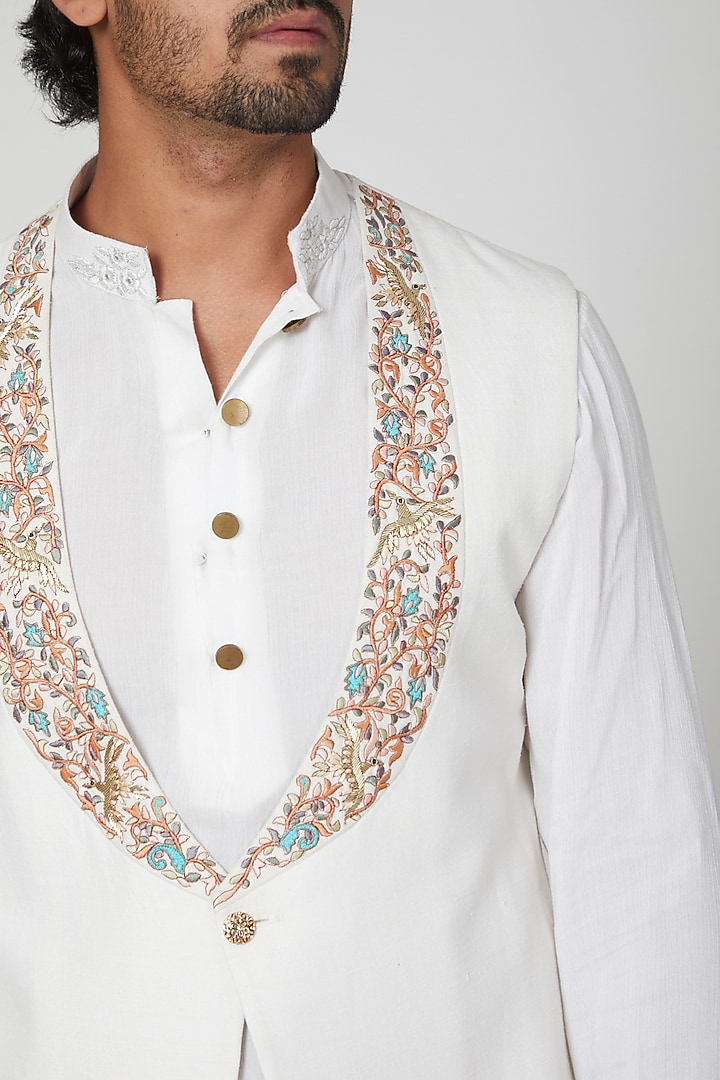 Off White Silk Draped Kurta Set With Embroidered Jacket by Soniya G Men at Pernia's Pop Up Shop