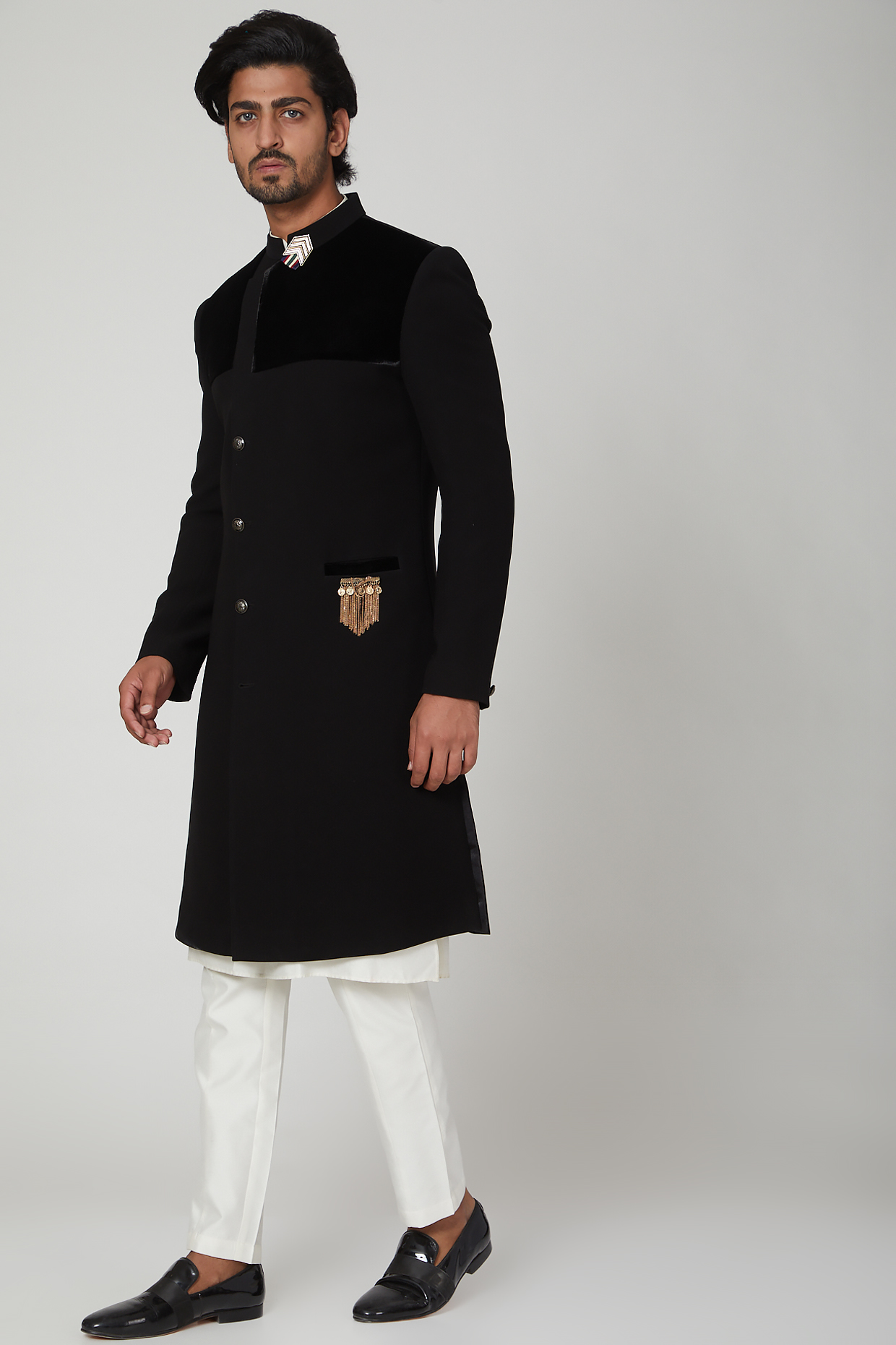 Black Sherwani Set With Velvet Patches by Soniya G Men