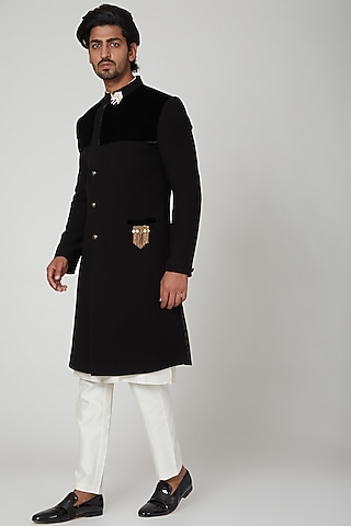 Black Sherwani Set With Velvet Patches by Soniya G Men