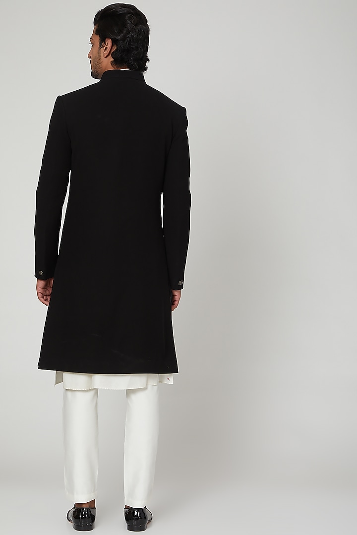 Black Wedding Sherwani Set With Velvet Patches by Soniya G Men at Pernia's Pop Up Shop