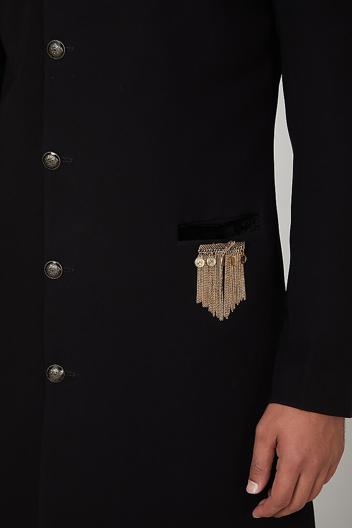 Black Wedding Sherwani Set With Velvet Patches by Soniya G Men at Pernia's Pop Up Shop