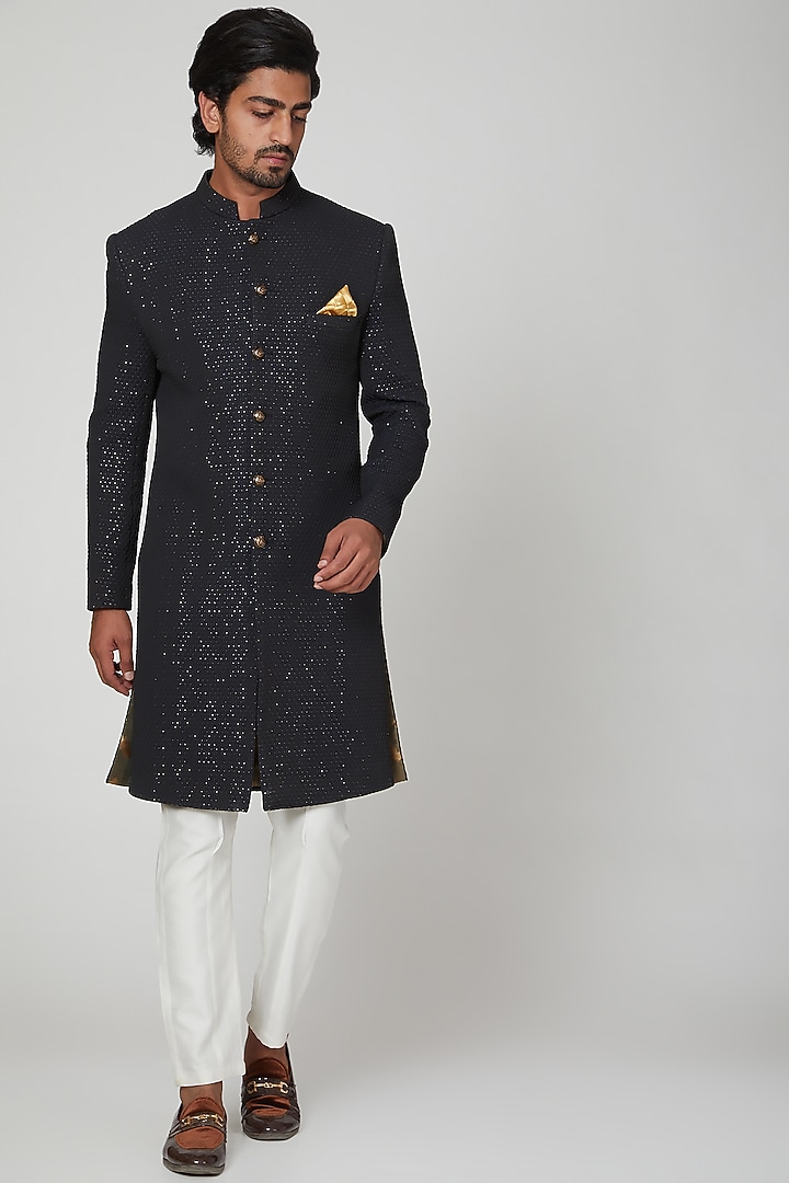 Midnight Blue Wedding Sherwani Set by Soniya G Men at Pernia's Pop Up Shop