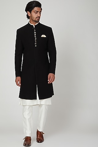 Black Embroidered Sherwani Set by Soniya G Men