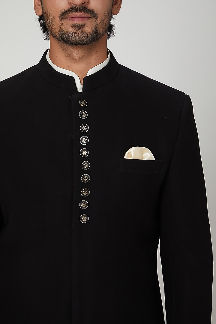 Black Embroidered Wedding Sherwani Set by Soniya G Men at Pernia's Pop Up Shop