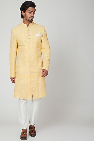 Lemon Yellow Lucknowi Sherwani Set by Soniya G Men