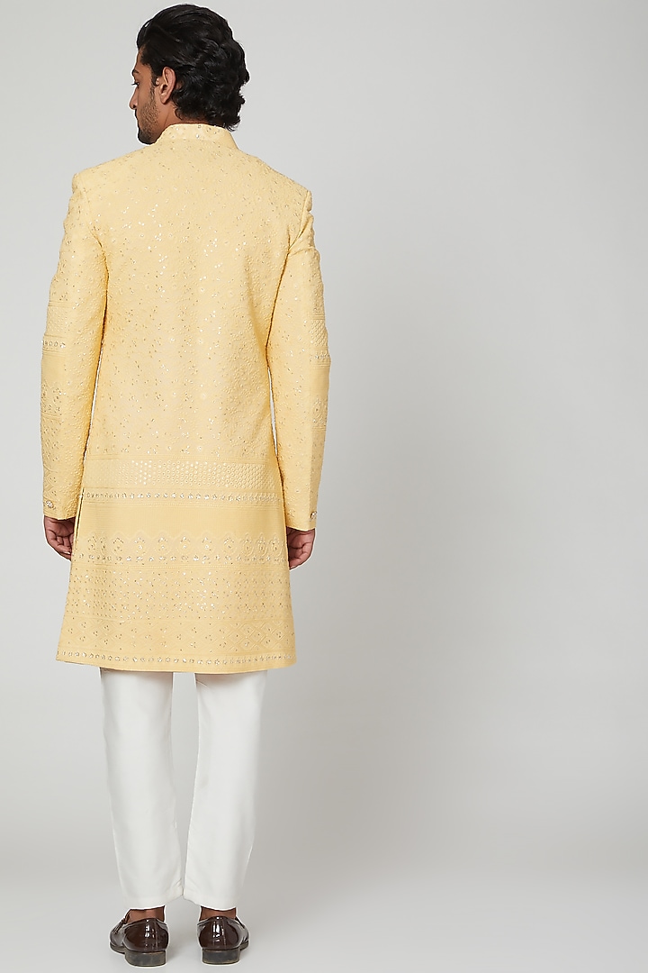 Lemon Yellow Lucknowi Wedding Sherwani Set by Soniya G Men at Pernia's Pop Up Shop