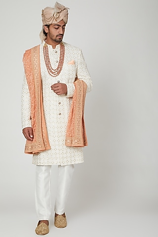 Off White Lucknowi Sherwani Set by Soniya G Men