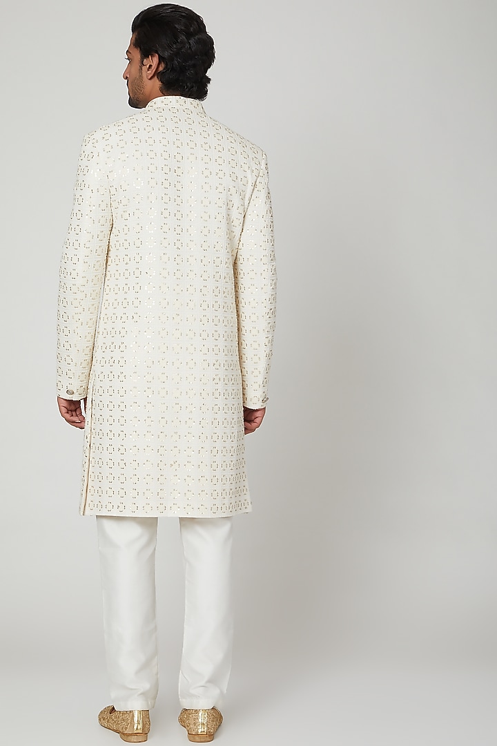 Off White Lucknowi Wedding Sherwani Set by Soniya G Men at Pernia's Pop Up Shop