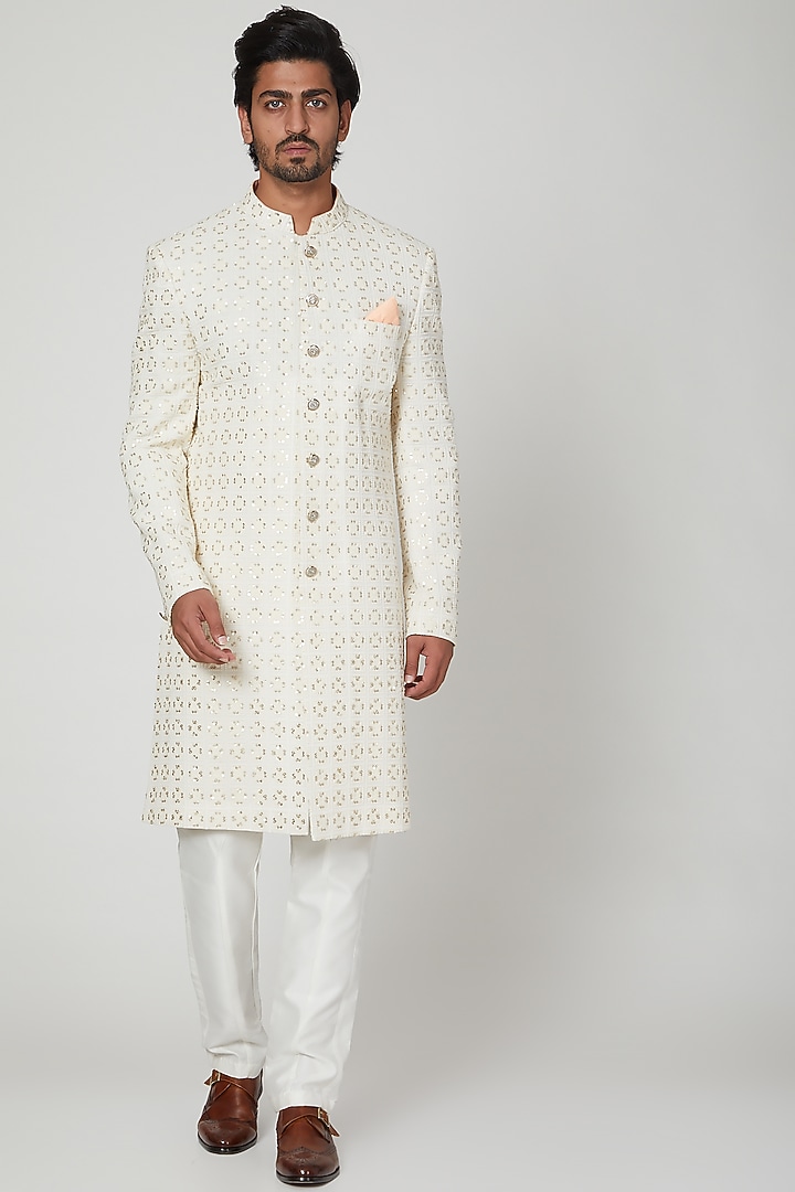 Off White Lucknowi Wedding Sherwani Set by Soniya G Men at Pernia's Pop Up Shop