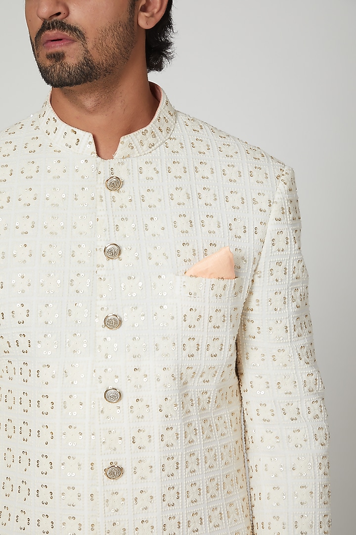 Off White Lucknowi Wedding Sherwani Set by Soniya G Men at Pernia's Pop Up Shop