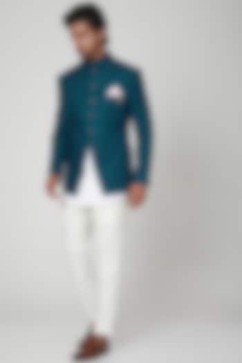 Turk Blue Embroidered Bandhgala Jacket With Pants by Soniya G Men