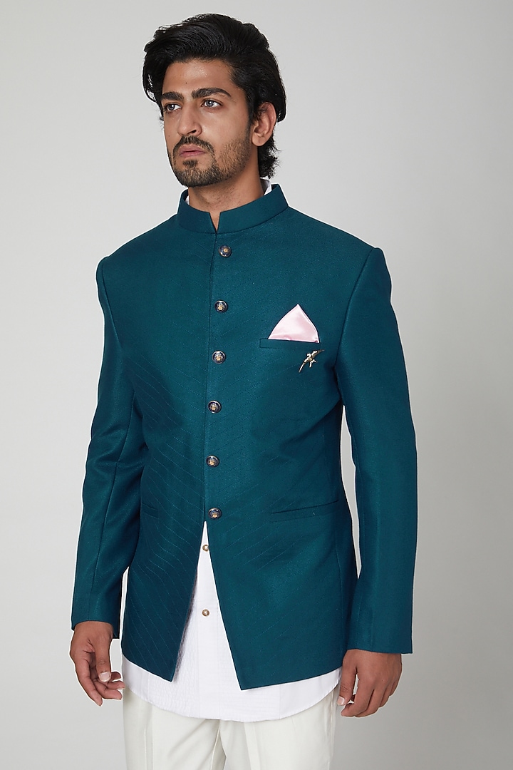 Turk Blue Embroidered Wedding Bandhgala Jacket With Pants by Soniya G Men at Pernia's Pop Up Shop