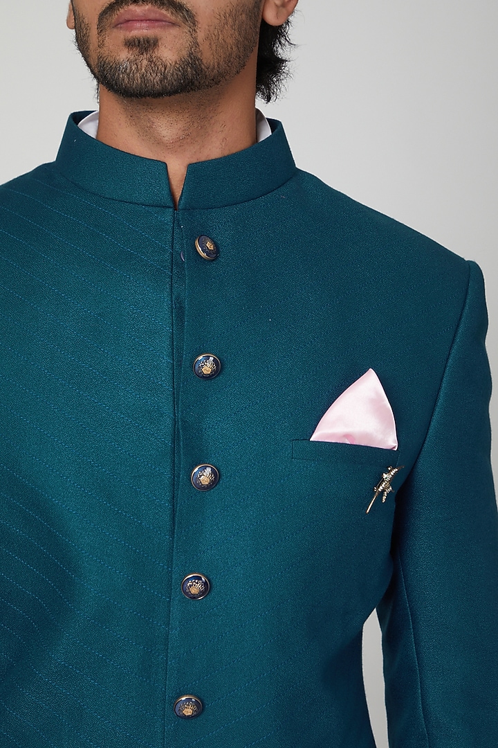 Turk Blue Embroidered Wedding Bandhgala Jacket With Pants by Soniya G Men at Pernia's Pop Up Shop