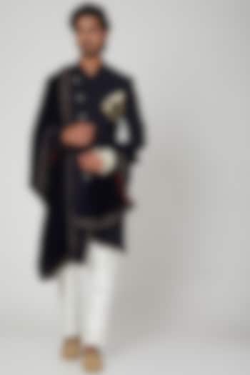 Midnight Blue Angrakha Sherwani Set With Stole by Soniya G Men