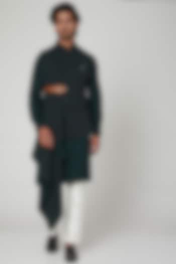 Bottle Green Italian Crepe Draped Nehru Jacket Set by Soniya G Men at Pernia's Pop Up Shop