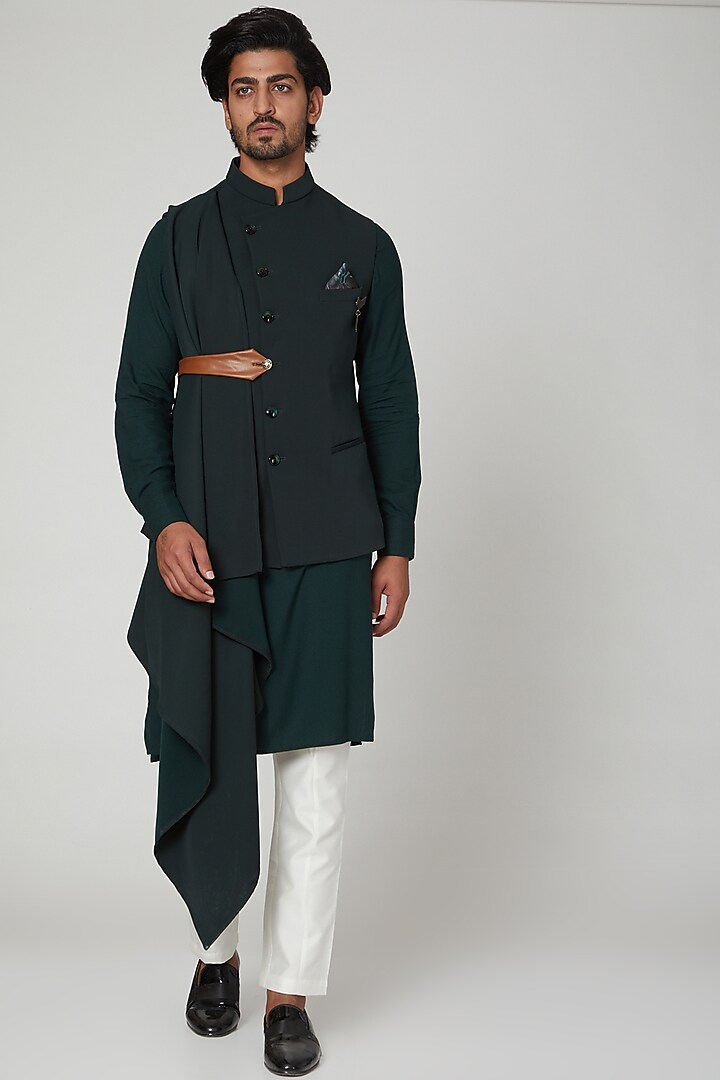 Bottle Green Italian Crepe Draped Nehru Jacket Set by Soniya G Men at Pernia's Pop Up Shop