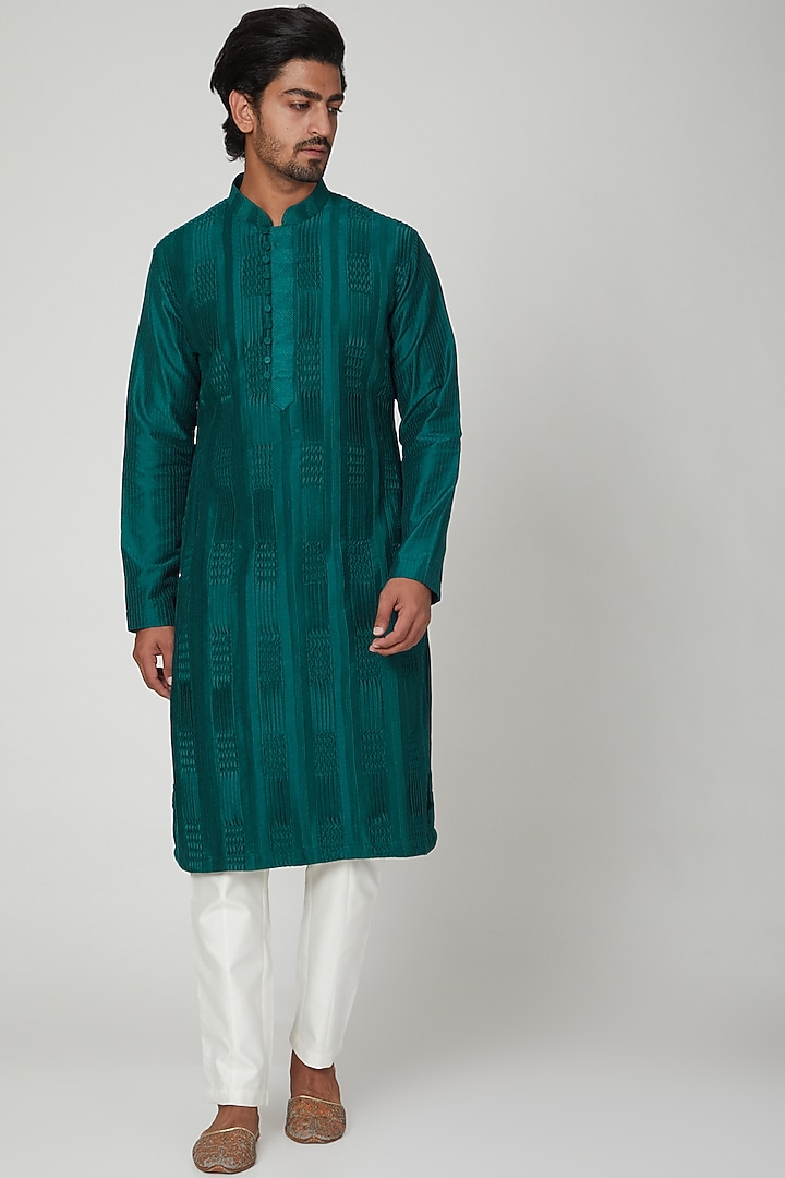 Bottle Green Pintex Pleated Straight Kurta Set by Soniya G Men at Pernia's Pop Up Shop