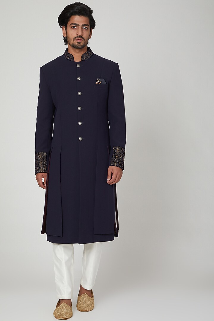 Navy Embroidered Groom Sherwani Set by Soniya G Men at Pernia's Pop Up Shop