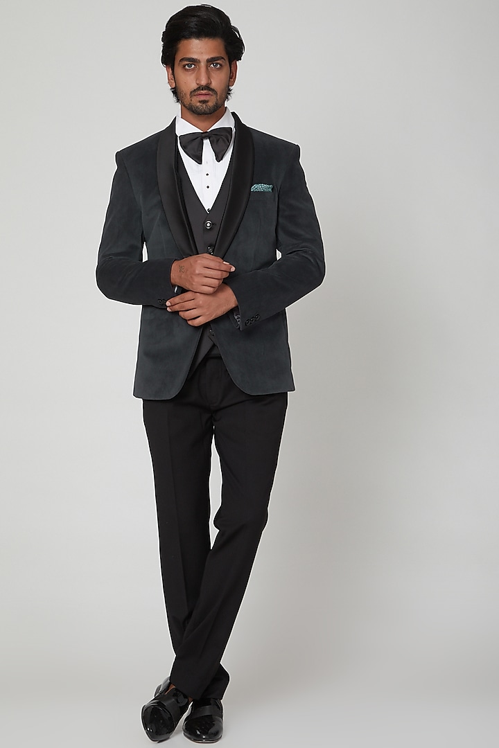 Black Jacquard Tuxedo Set by Soniya G Men