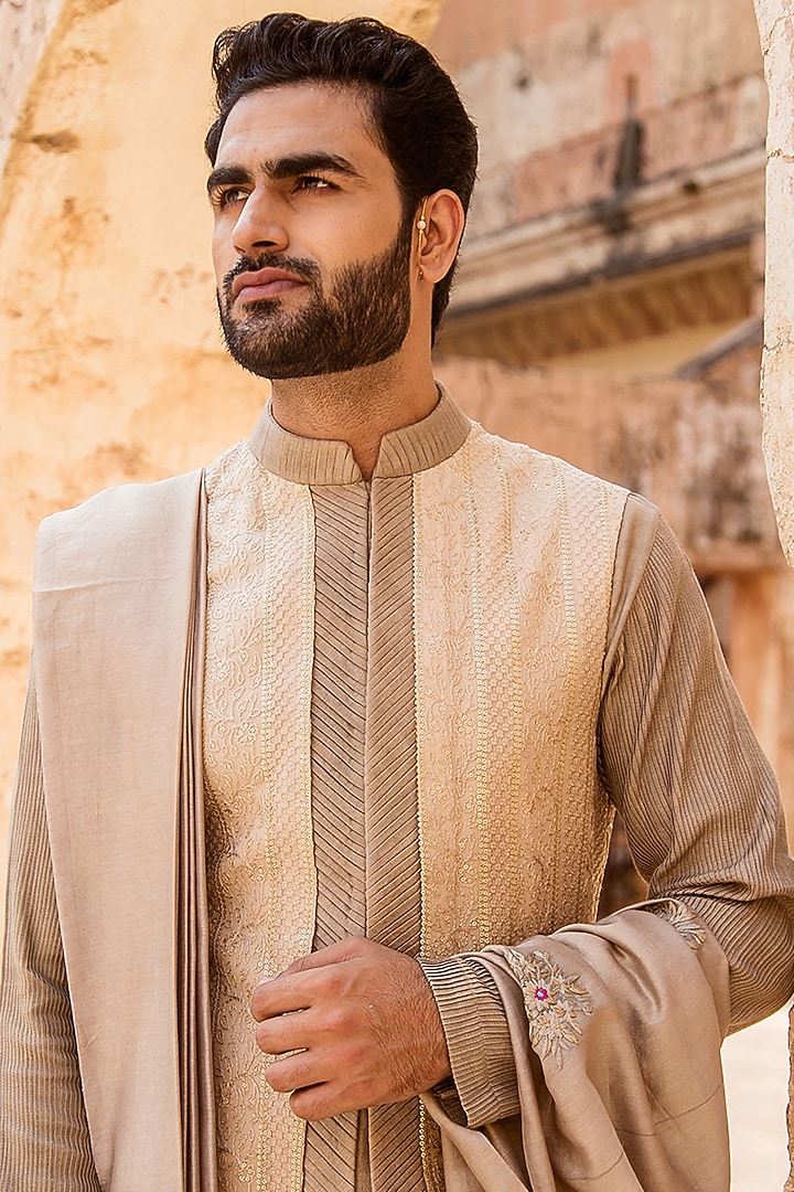 Sand Coloured Silk Wedding Indowestern Jacket Set by Soniya G Men at Pernia's Pop Up Shop