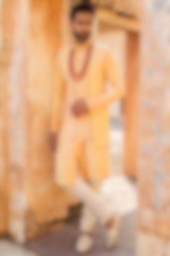 Saffron Colored Kurta Set With Jacket by Soniya G Men