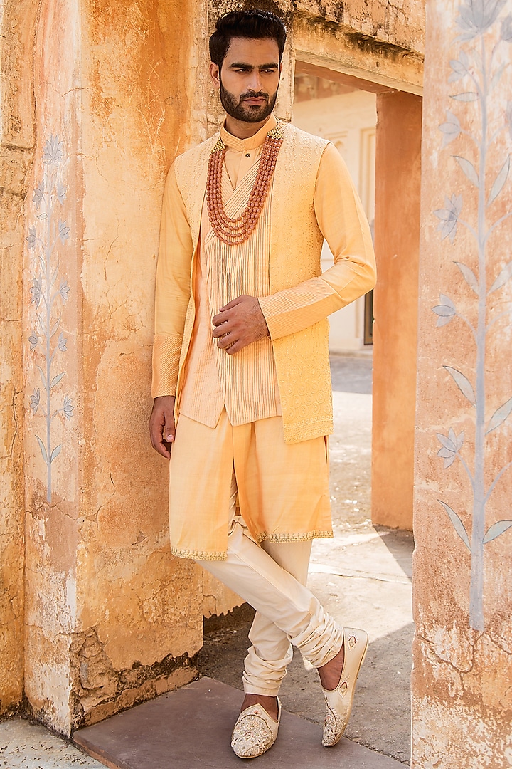 Saffron Colored Kurta Set With Jacket by Soniya G Men
