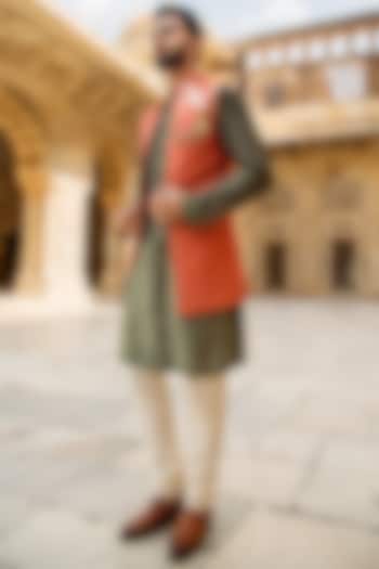 Olive Green Kurta Set With Jacket by Soniya G Men at Pernia's Pop Up Shop