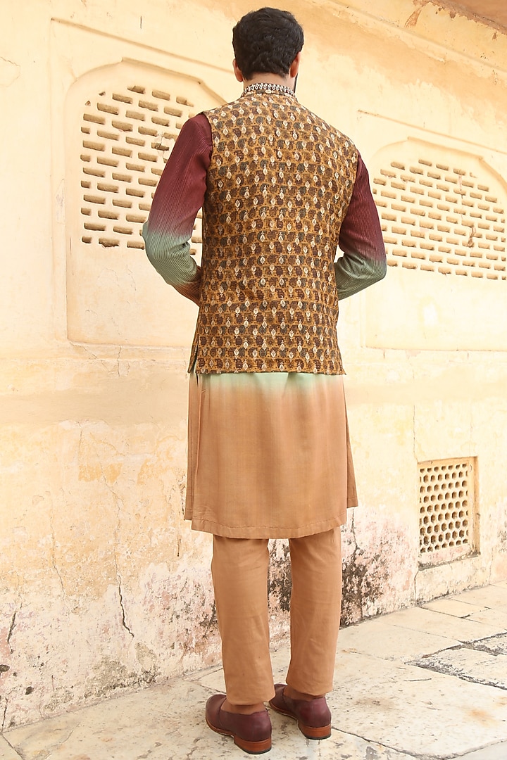 Mustard Silk Printed Bundi Jacket Set by Soniya G Men at Pernia's Pop Up Shop