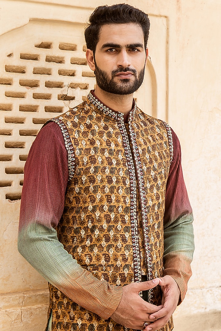 Mustard Silk Printed Bundi Jacket Set by Soniya G Men at Pernia's Pop Up Shop