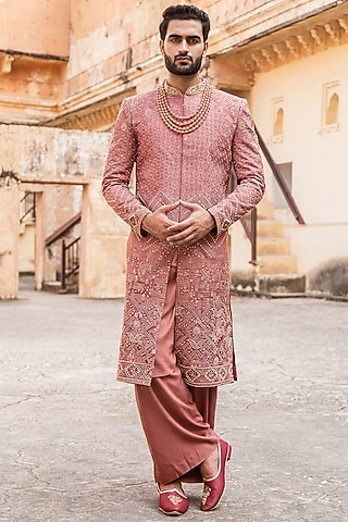Coral Embroidered Sherwani Set by Soniya G Men