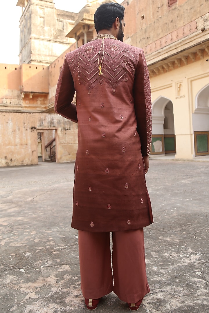 Coral Embroidered Groom Sherwani Set by Soniya G Men at Pernia's Pop Up Shop