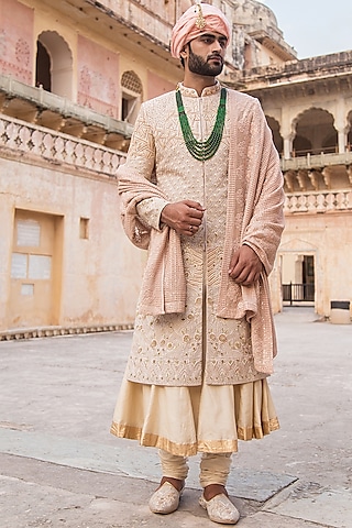Ivory Sherwani Set With Embroidery by Soniya G Men
