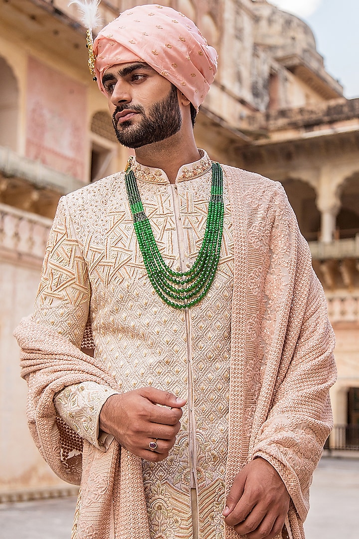 Ivory Groom Sherwani Set With Embroidery by Soniya G Men at