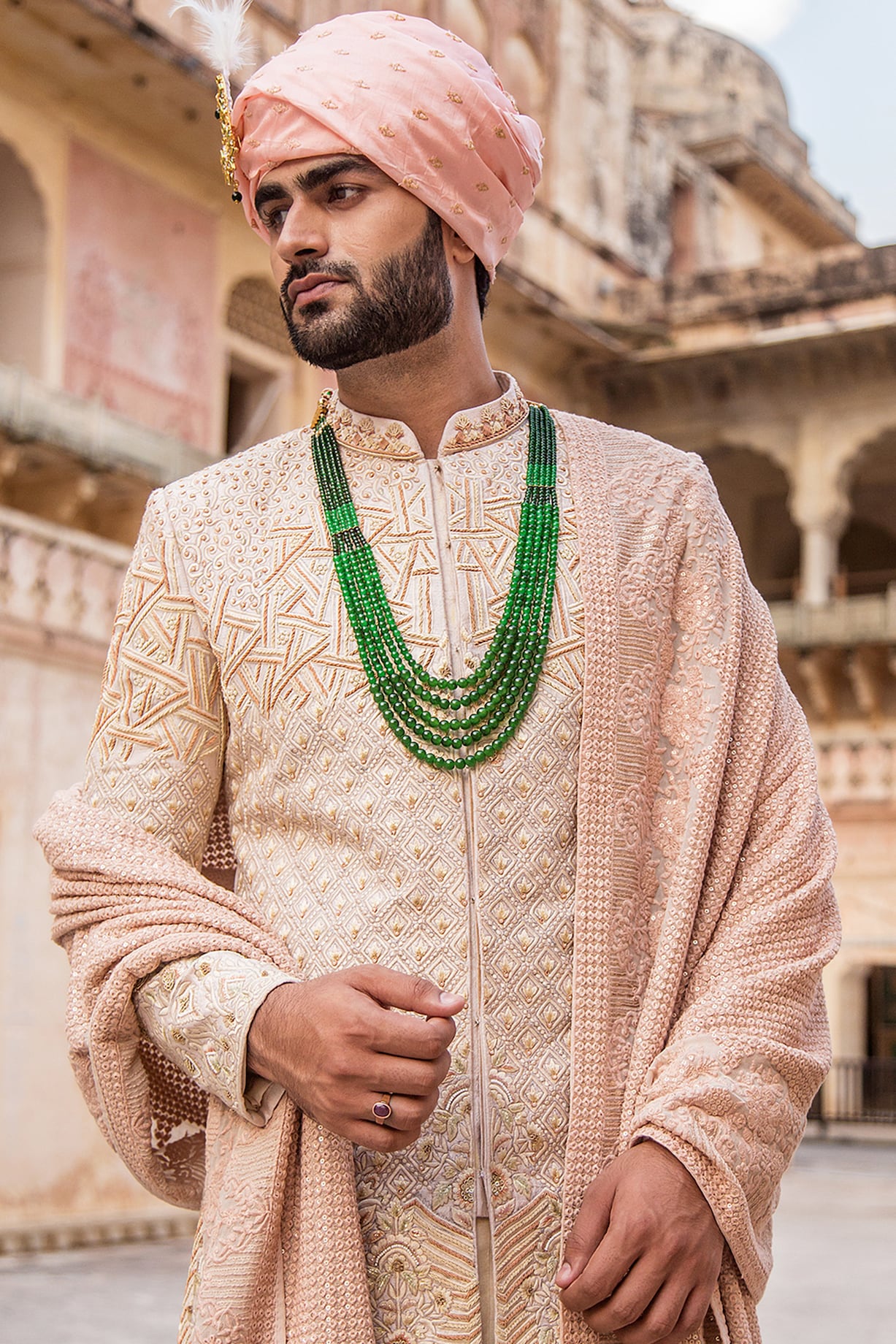 Ivory Groom Sherwani Set With Embroidery by Soniya G Men at