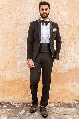 Black Embroidered Tuxedo Set by Soniya G Men