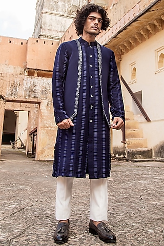 Midnight Blue Pleated Kurta Set With Jacket by Soniya G Men
