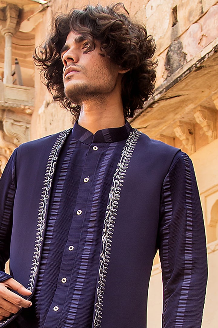 Midnight Blue Pleated Kurta Set With Jacket by Soniya G Men at Pernia's Pop Up Shop