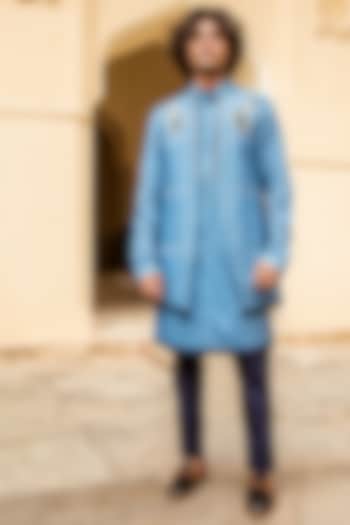 Cerulean Blue Kurta Set With Jacket by Soniya G Men