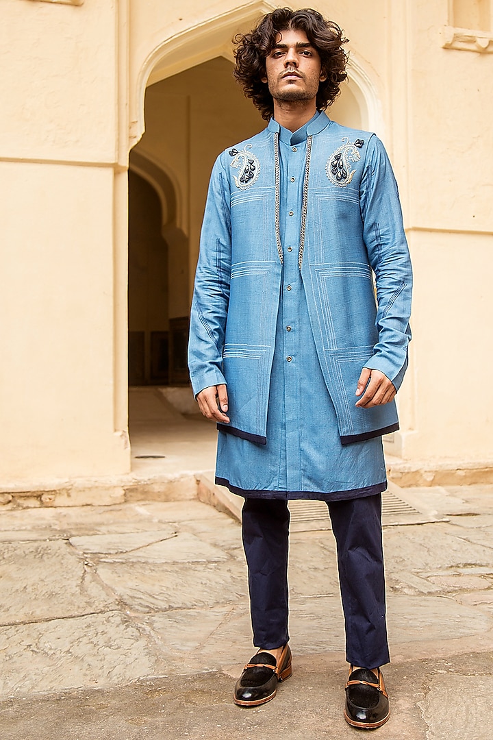 Cerulean Blue Kurta Set With Jacket by Soniya G Men