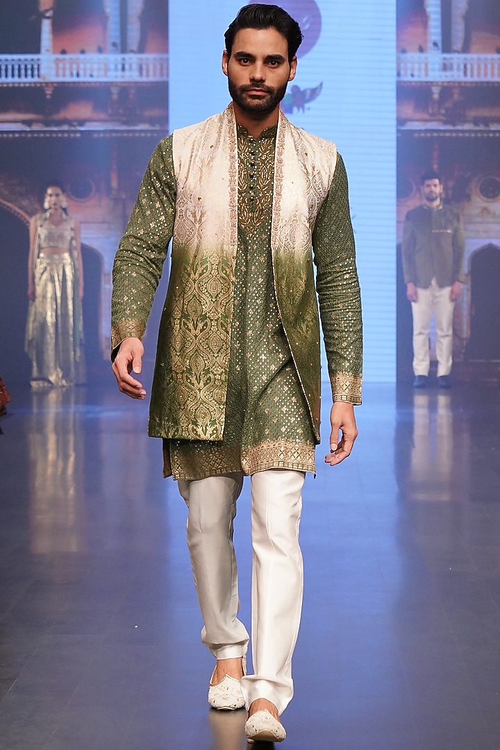 White & Green Printed Wedding Indowestern Jacket With Kurta Set by Soniya G Men at Pernia's Pop Up Shop