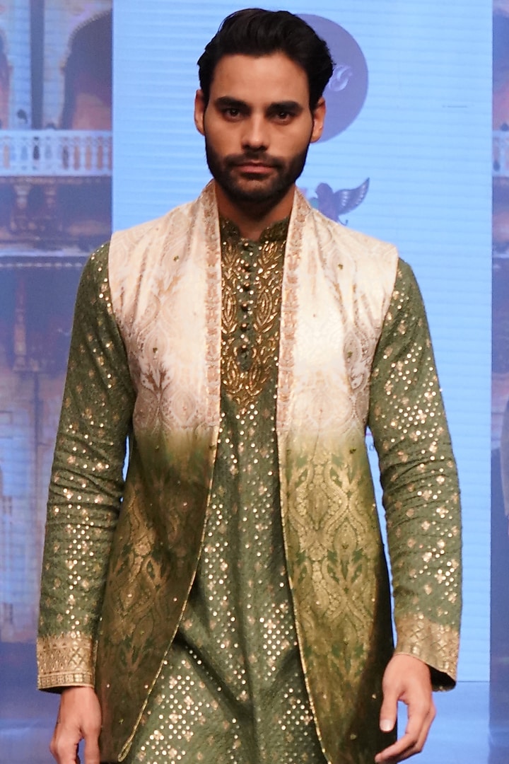 White & Green Printed Wedding Indowestern Jacket With Kurta Set by Soniya G Men at Pernia's Pop Up Shop