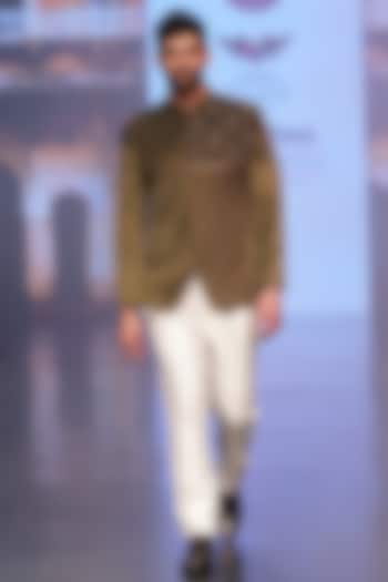 Olive Green Velvet Jodhpuri Set by Soniya G Men at Pernia's Pop Up Shop