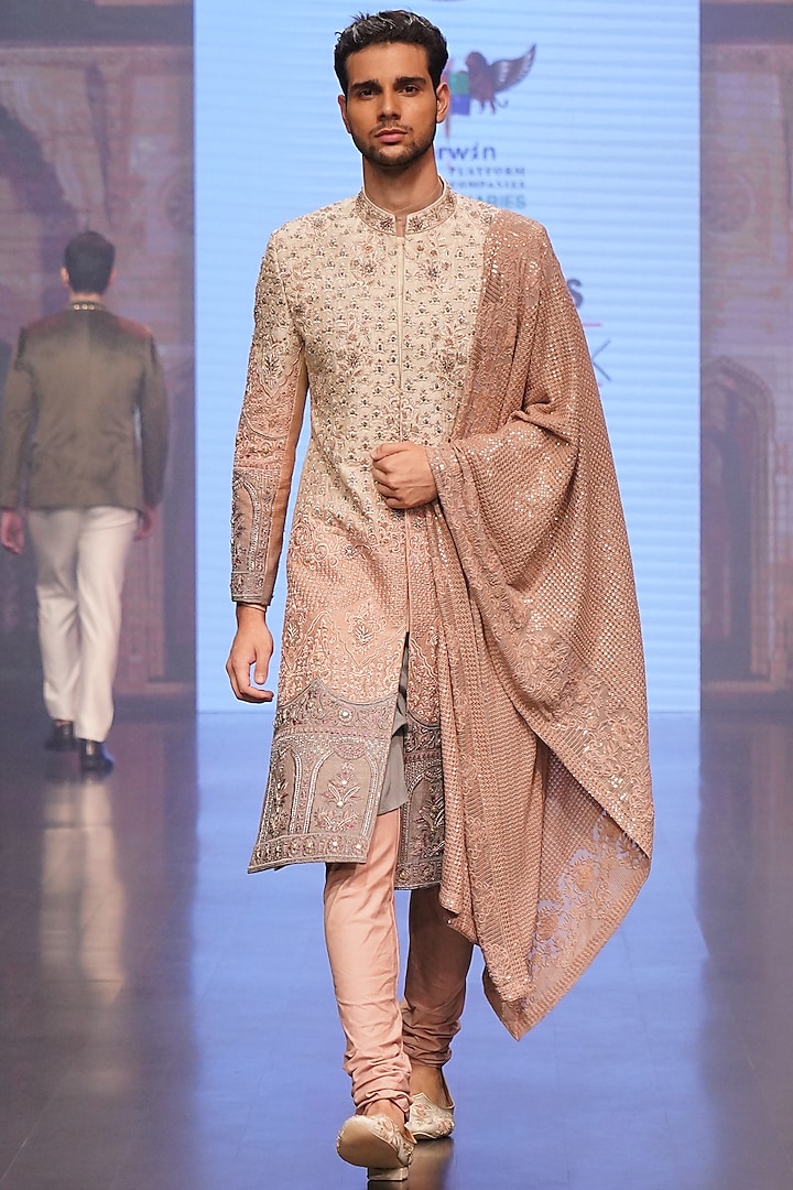 Cream & Wine Raw Silk Embroidered Sherwani Set by Soniya G Men