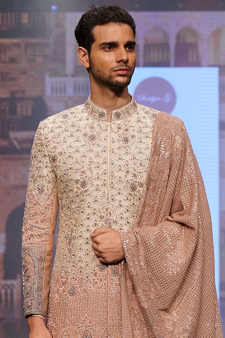 Cream & Wine Raw Silk Embroidered Groom Sherwani Set by Soniya G Men at Pernia's Pop Up Shop