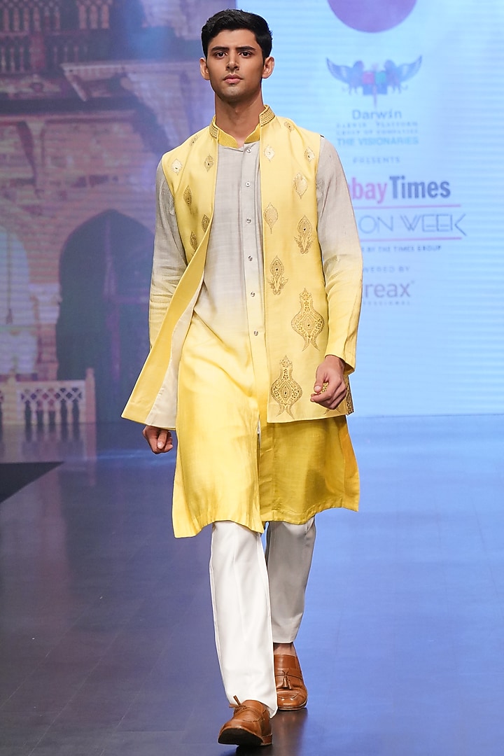 Grey & Lemon Silk Wedding Indowestern Jacket With Kurta Set by Soniya G Men at Pernia's Pop Up Shop
